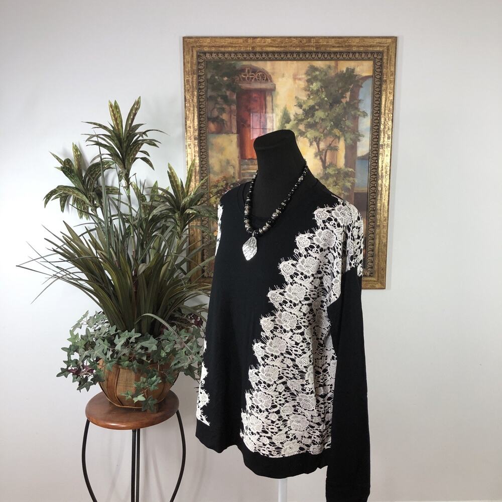 Kensie Women’s Black White Pullover Top Size Large Stretch Long Sleeve Boat Neck - Picture 5 of 10